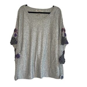 2/$30 Nick & Mo Anthropologie Gray Knit Tunic Poncho Top with Floral Crochet